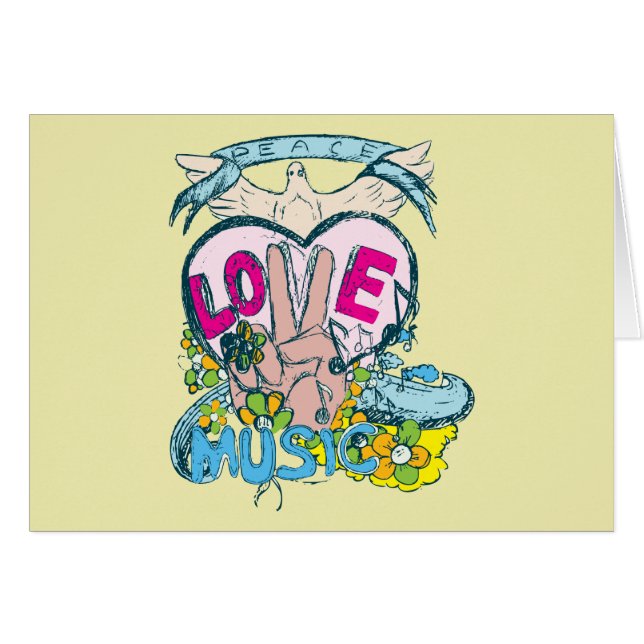 Cartão Peace Love Music - Ilustração de 1960 (Frente Horizontal)