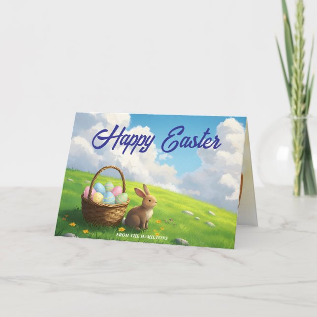 Cartão Peaceful Easter Spring Meadow Bunny & Egg Basket (Frente)