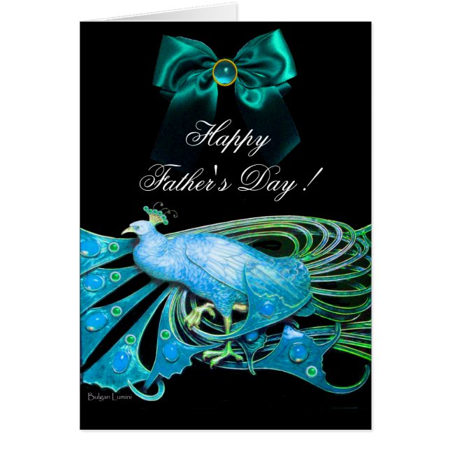 Cartão PEACOCK AZUL ELEGANTE,PEDRAS GEM, Dia de os pais A (Frente)