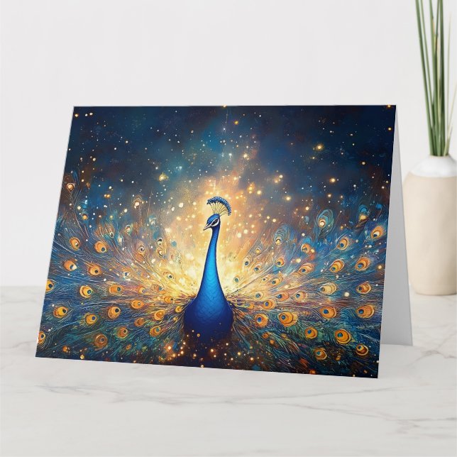 Cartão Peacock cósmico com penas estéreis (Frente)