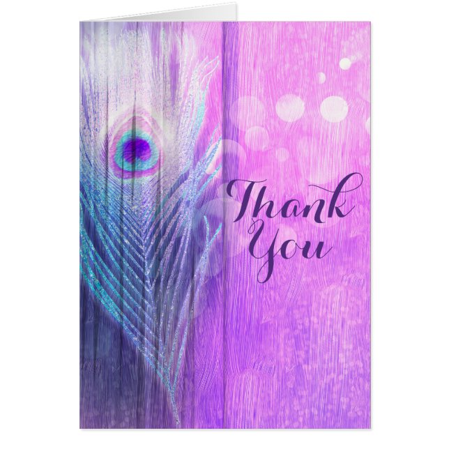 Cartão Peacock Feather Pink & Blue Boho Chic Obrigado (Frente)