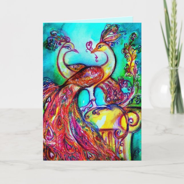 Cartão PEACOCKS NO AMOR azul-vermelho turquase verde (Frente)