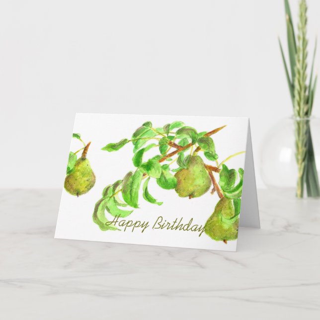 Cartão Pears Happy Birday Watercolor Fruta Summer Green (Frente)