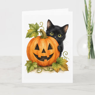 Cartão Peekaboo Pumpkin Patch Gato Preto Aquarela Branco