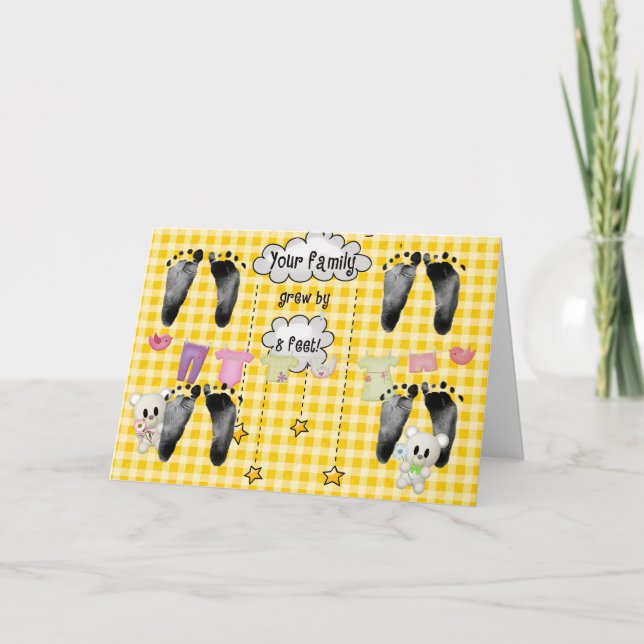 Cartão Pegadas de Quadrupletos em Gingham (Frente)