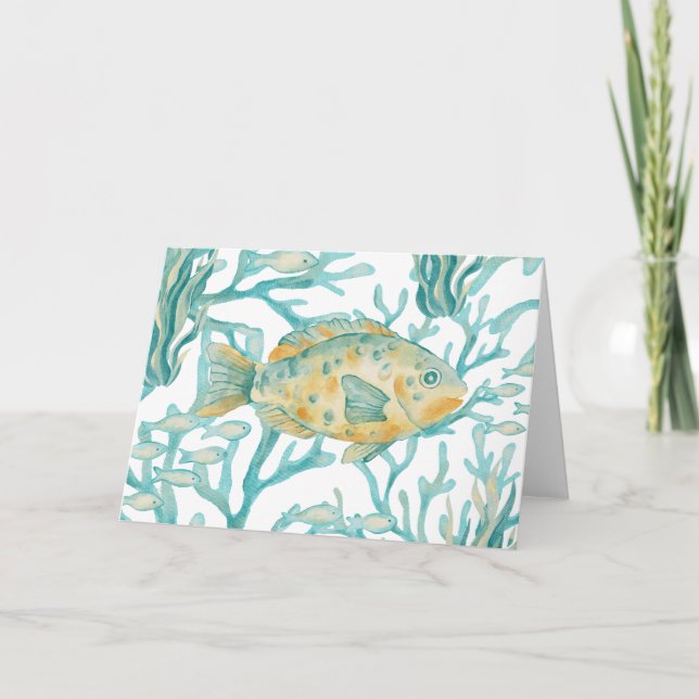 Cartão Peixe Aquarela Dourado Turquesa (Frente)