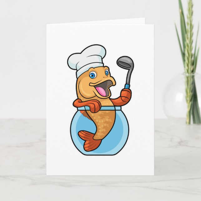 Cartão Peixe em vidro como cozinheiro com colher de sopa (Frente)