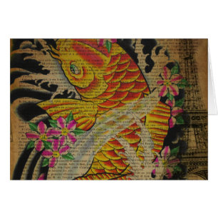 Cartão peixes japoneses do koi do tatuagem da torre
