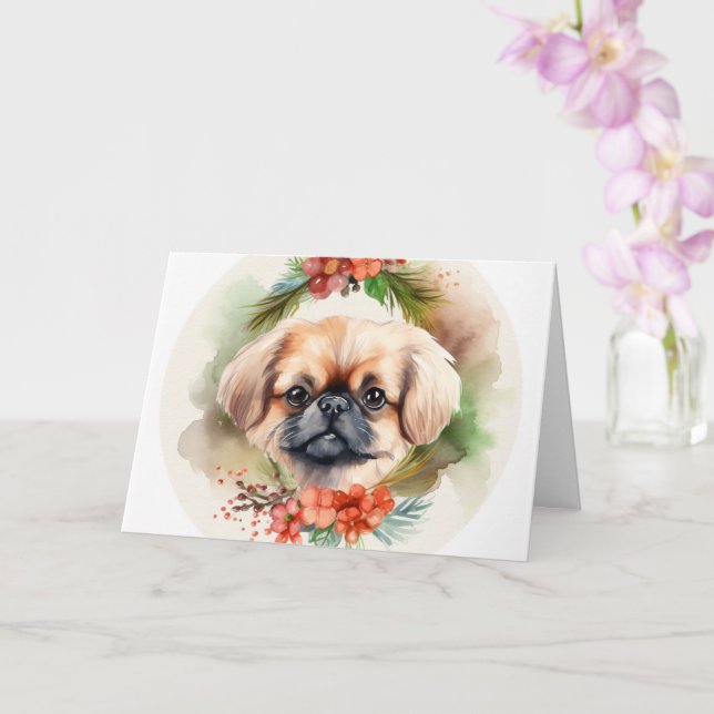 Cartão Pekingese Christmas Wreath Festivo Pup (Orquídea)