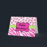Cartão Pele rosa e branca Zebra e Cheeta personalizada<br><div class="desc">Diga Feliz Aniversário com este cartão de listras de zebra coloridas e peles de chita. Peles de animais selvagens para design gráfico é uma das tendências mais quentes de arte e design, e é extremamente popular de moda a decoração doméstica. Essa sofisticada coleção de impressões de fúchsia, rosa e branco,...</div>