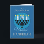 Cartão Pelo Chefe Hanukkah Menorah no Azul Escuro<br><div class="desc">Este Chanucá,  você pode surpreender seus maravilhosos vaios com este cartão azul para cumprimentá-lo e compartilhar um sincero desejo de Chanucá por ela ou por ele. Obtenha uma cópia disso hoje para que você possa dar a ele assim que este feriado finalmente chegar.</div>