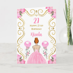 Cartão Pêlos vermelhos Princesa Rosa Feliz Aniversário