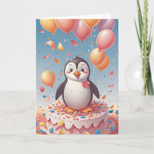 Cartão Penguin Birthday Party (Frente)