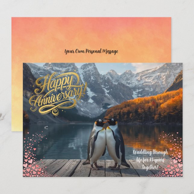 Cartão Penguin Couple Scenic Personalized Anniversary (Frente/Verso)