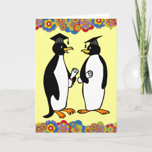 Cartão Penguins Graduation Cartoon Girly Flowers