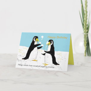 Cartão Pengy penguin snowball juggling.Birthday Card