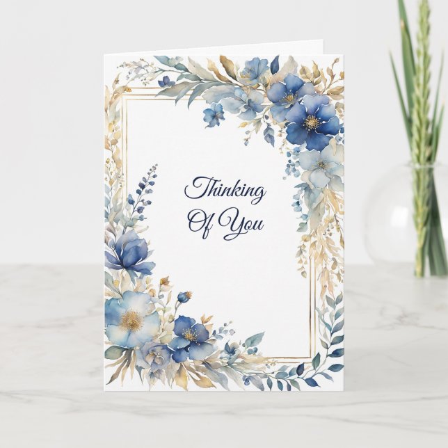 Cartão Pensamento Dourado Floral Elegante Azul de Você (Frente)