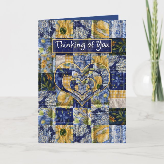 Cartão Pensando de você, quadrado da edredão, azul (Frente)