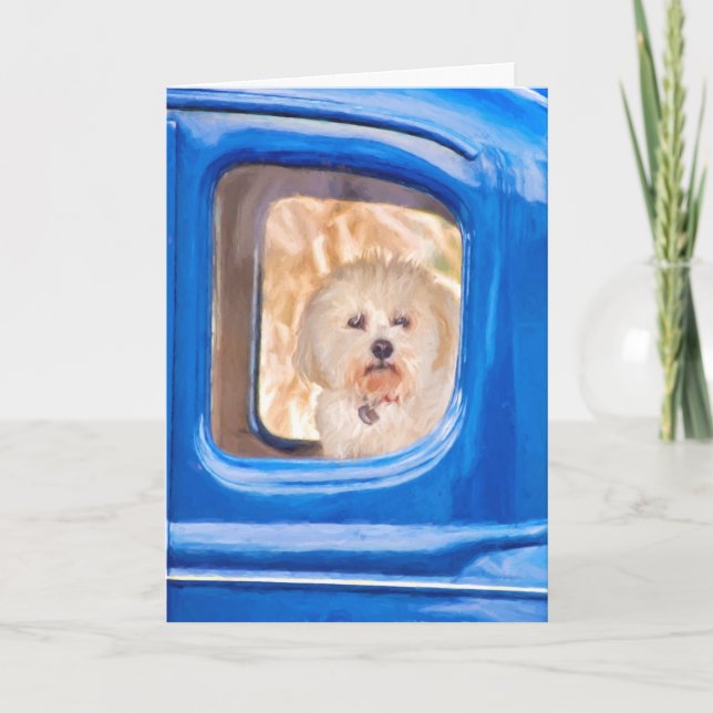 Cartão Pensando em você-Bichon Frise no velho carro azul (Frente)