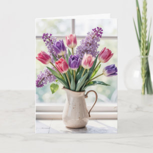 Cartão Pensando em Você Buquê de Lilases e Tulipas da Pri