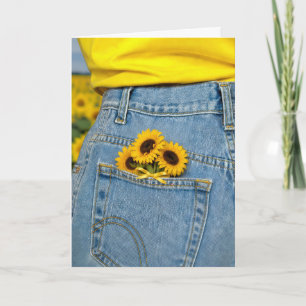 Cartão Pensando em Você Girassóis no Bolso de Jeans Azul