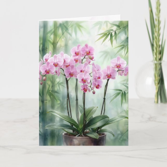 Cartão Pensando em Você Orquídeas Rosa em Bambu Verde (Frente)