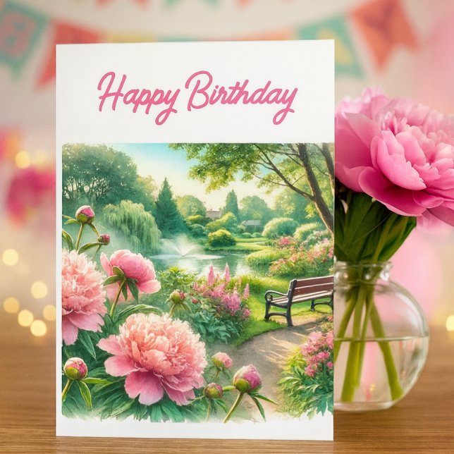 Cartão Peões cor-de-rosa no Park Happy Birthday (Elegant birthday card with pink peonies, garden bench, and fountain—peaceful and celebratory)