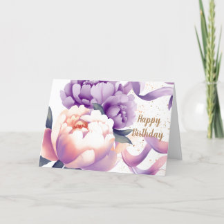 Cartão Peônia de Aniversário em Aquarela Roxo e Pêssego