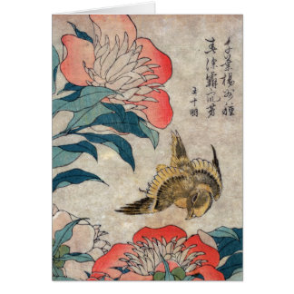 Cartão Peônia e canário, Hokusai
