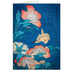 Cartão Peonies e Arte Canária Japonesa por Hokusai