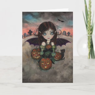 Cartão Pequena Fada Vampira de Halloween e Jack-O-Lantern