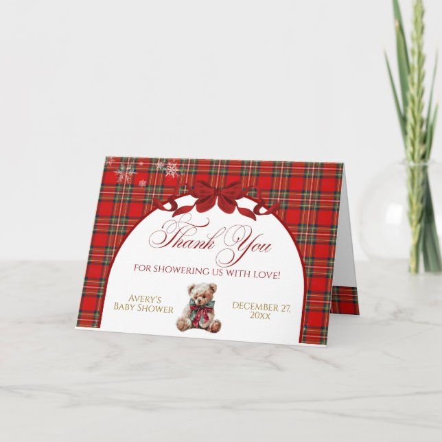 Cartão Pequena Festa de Natal com Laço Vermelho Xadrez (Frente)