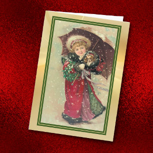 Cartão Pequena Garota Guarda-chuvas e Natais vintages Pup