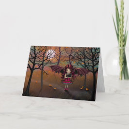 Cartão Pequena Menina Vampira de Halloween com Gato Preto