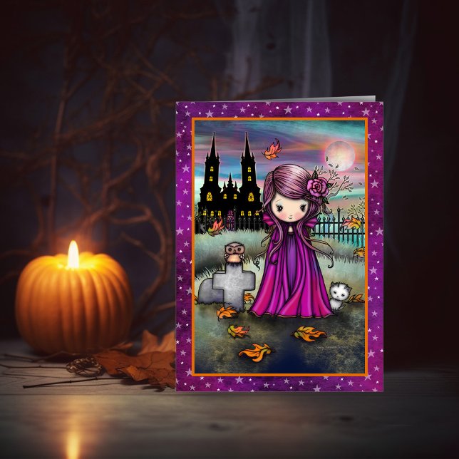 Cartão Pequena Violeta Cute Halloween Vampira, Gata e Cor (Criador carregado)