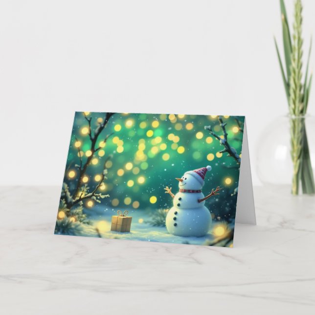 Cartão Pequeno Boneco de Neve Luzes de Natal (Frente)