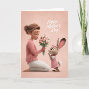 Cartão Pequeno Coelho Rosa Trazendo Flores do Dia das Mãe