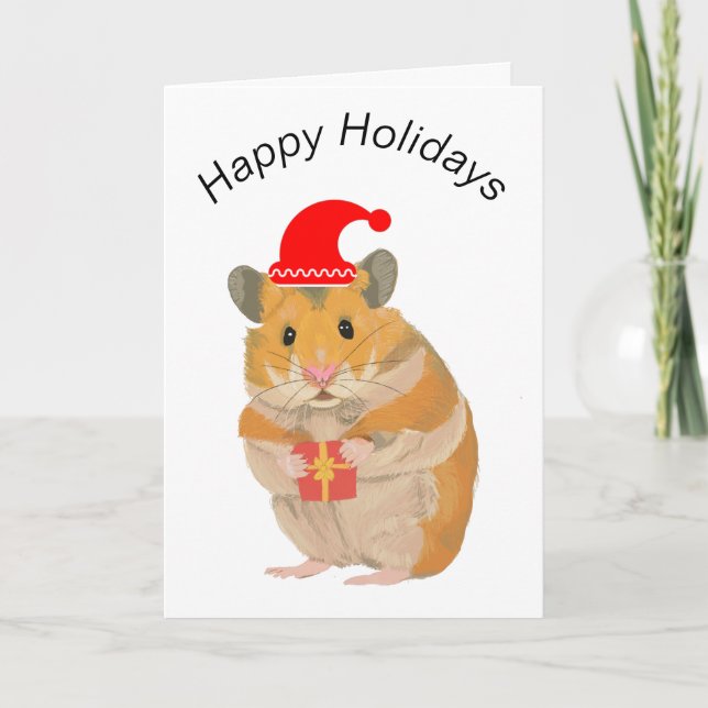 Cartão Pequeno Hamster de Natal bonito segurando um prese (Frente)