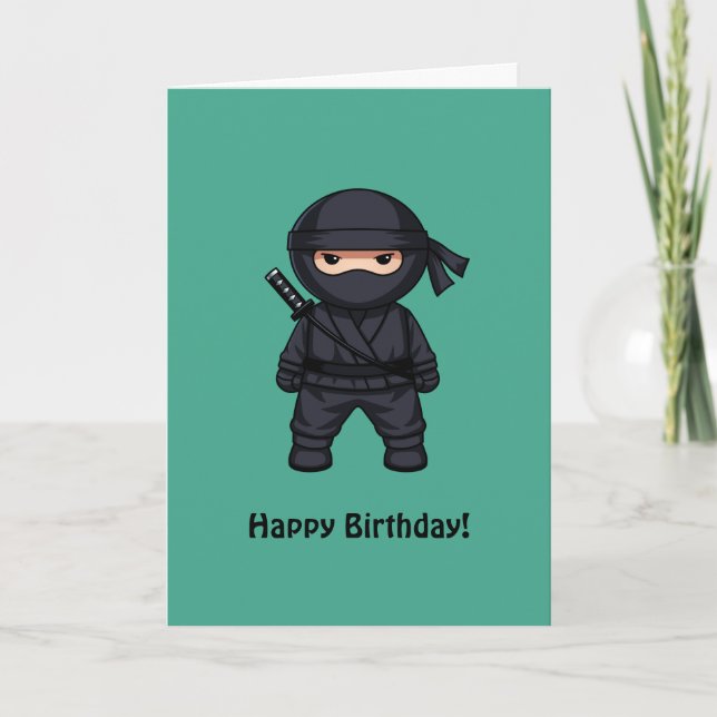 Cartão Pequeno Ninja no Verde Feliz Aniversário (Frente)