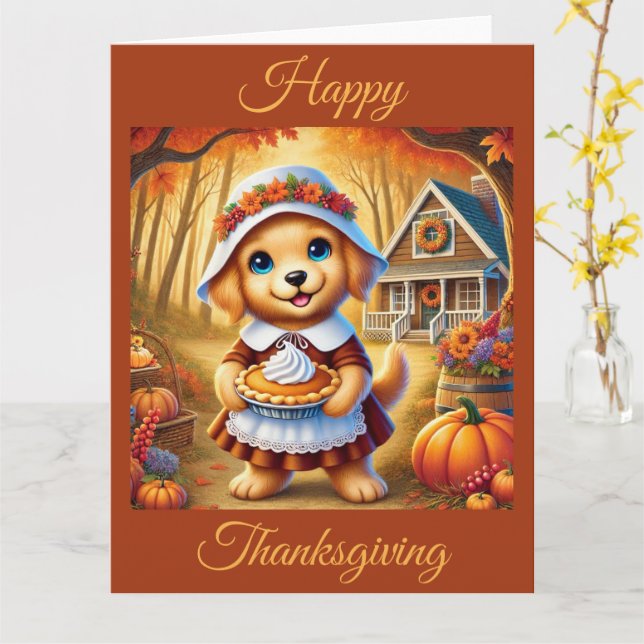 Cartão Pergrim Puppy com Pumpkin Pie no Dia de Ação de Gr (Flor Amarela)