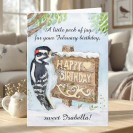 Cartão Personal Happy February Birthday Downy Woodpecker