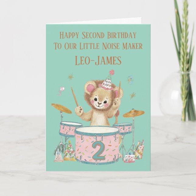 Cartão Personalised Lion Playing Drums 2nd Birthday Card (Frente)