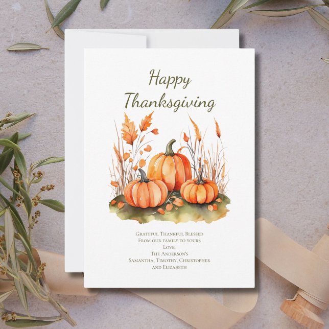 Cartão Personalizado de Ação de Graças do Outono (Thanksgiving card with pumpkins and fall botanicals. Printed or Digital Download)