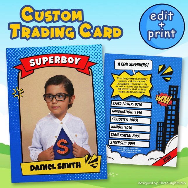Cartão Personalizado de Trocas de BD para Garoto (Superhero Custom Comic Trading Card for Boy Gift)
