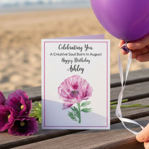 Cartão Personalizado Feliz Aniversário de Agosto Roxo Pap