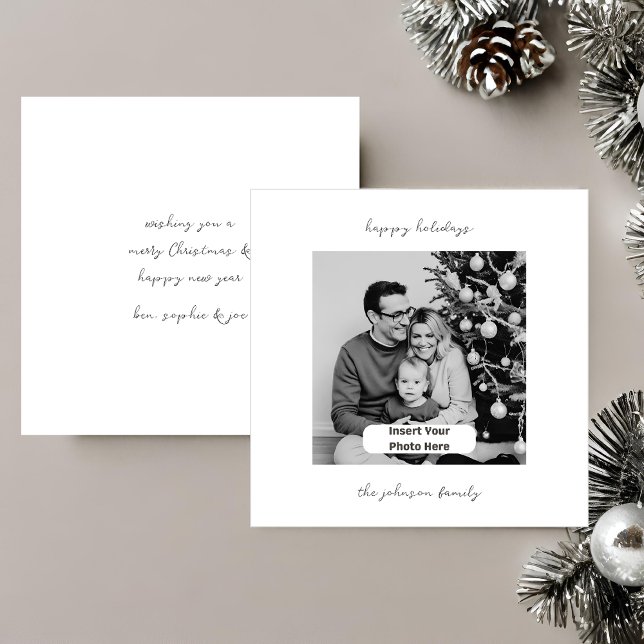 Cartão Personalizado Preto e Branco para Adicionar (modern contemporary black and white personalized christmas card with a black and white family photo)