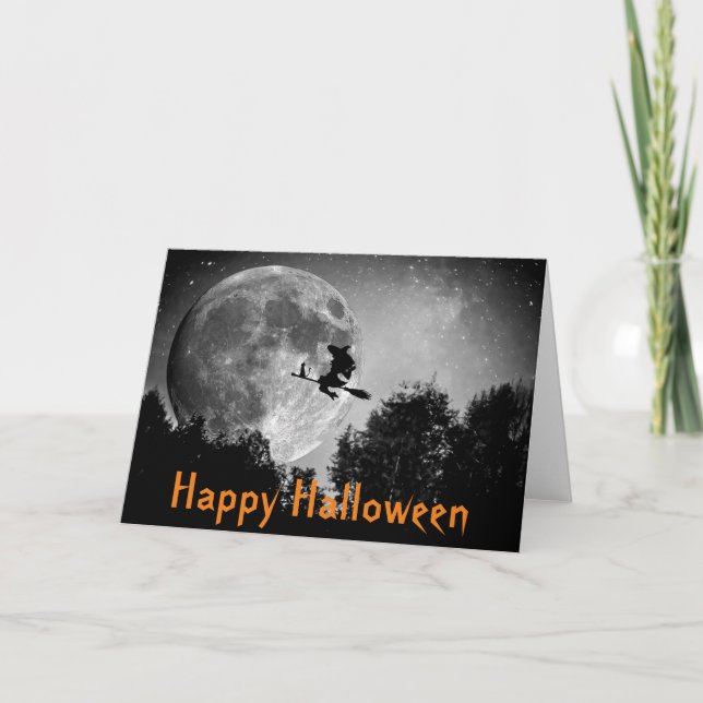 Cartão Personalizável de Halloween de Bruxa e Lua (Frente)