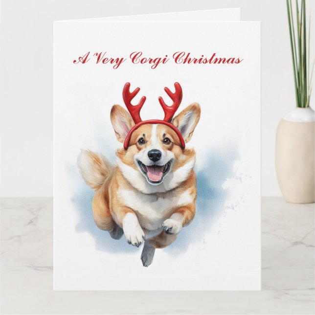 Cartão Personalize Corgi de Natal com Ranchas de Reindeer (Frente)