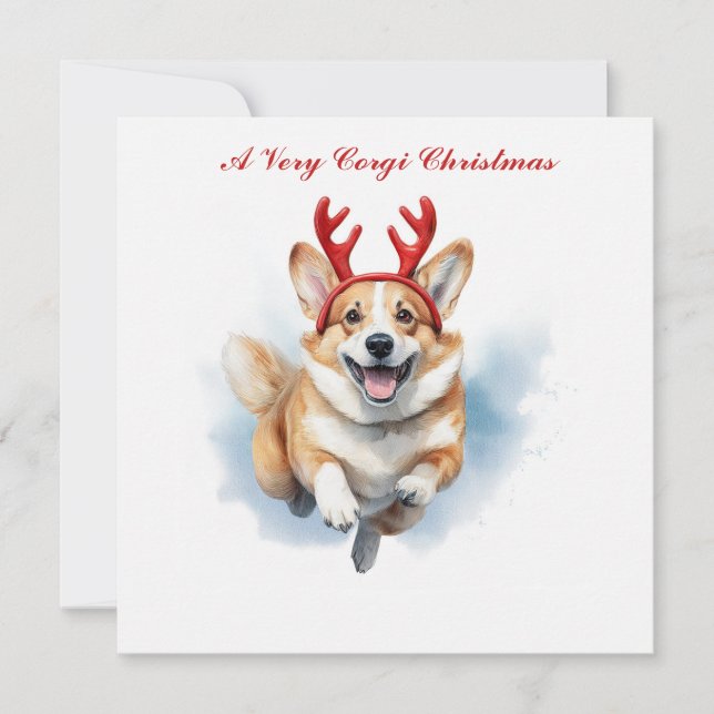 Cartão Personalize Corgi de Natal com Ranchas de Reindeer (Frente)