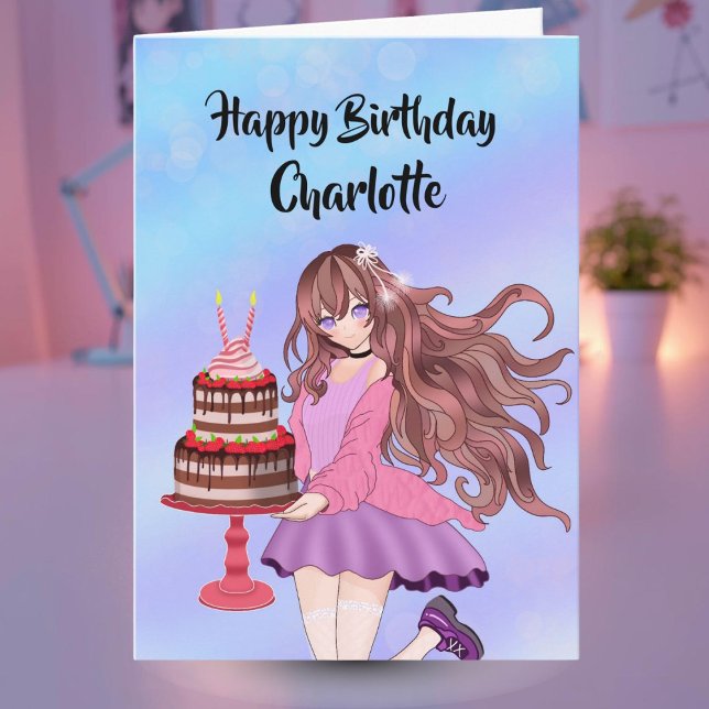 Cartão Personalize Garota Adolescente Anime Com Bolo De A (Criador carregado)